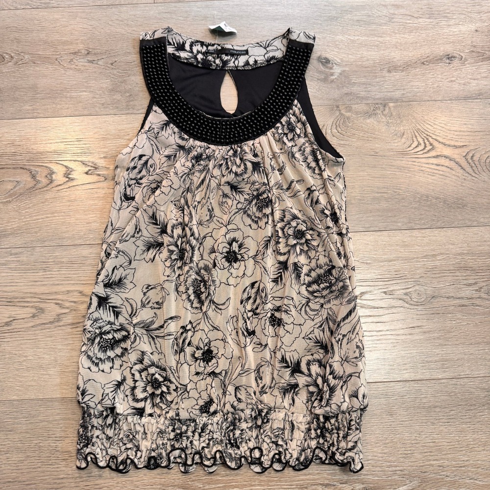 NWT Maurices Floral Blouse Tank Top Black &‎ Cream Beaded Neckline Small Y2K
